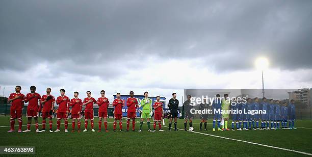Players of Italy and Belgium line-up before the international friendly match between Italy U15 and Belgium U15 at FIGC Center on February 17, 2015 in...