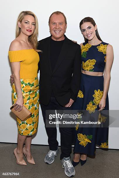 Actress Kate Hudson, designer Michael Kors and actress Allison Williams pose backstage at the Michael Kors fashion show during Mercedes-Benz Fashion...