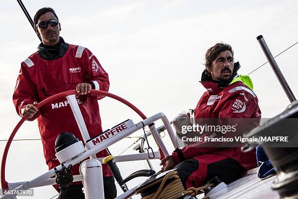 In this handout image provided by the Volvo Ocean Race onboard MAPFRE, Andre Fonseca and Willy Altadill during Leg 4 from Sanya to Auckland on...