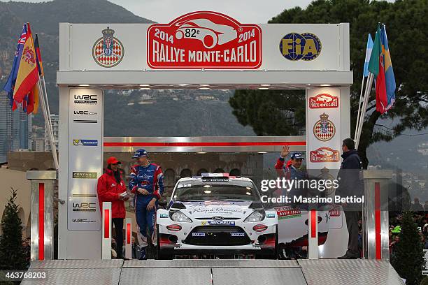 Bryan Bouffier of France and Xavier Panseri of France celebrate their second position in the final podium during Day Four of the WRC Monte-Carlo on...