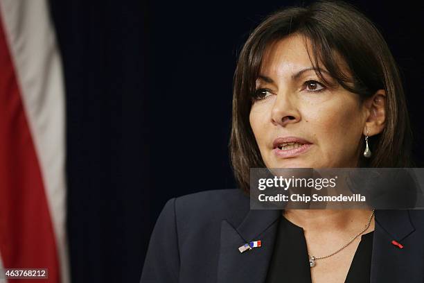 Paris Mayor Anne Hidalgo delivers remarks during the White House Summit on Countering Violent Extremism in the Eisenhower Executive Office Building...