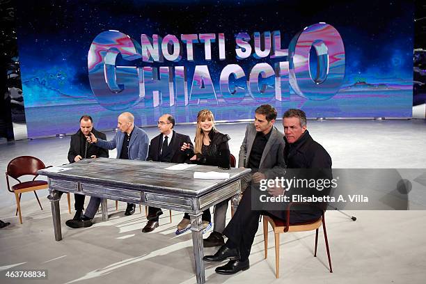 Paolo Bassetti, president of Endemol Italia, Marco Liorni, Milly Carlucci and Giancarlo Leone attend 'Notti Sul Ghiaccio' TV Show press conference at...