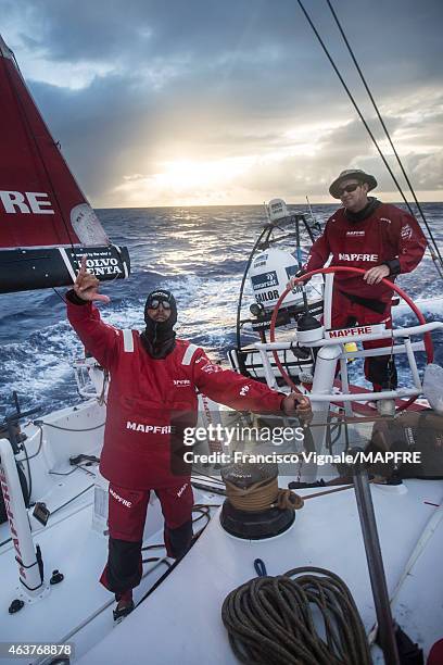 In this handout image provided by the Volvo Ocean Race onboard MAPFRE, Andre Fonseca and Jean-Luc Nelias during Leg 4 from Sanya to Auckland on...