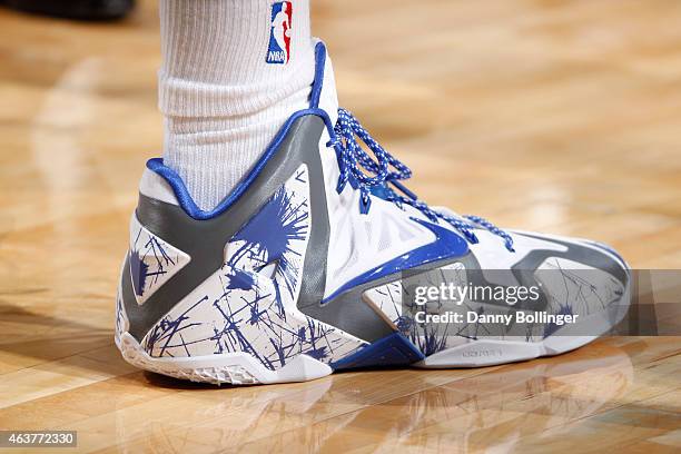 Close up of the shoes of Bernard James of the Dallas Mavericks as he stands on the court during a game against the Utah Jazzon February 11, 2015 at...