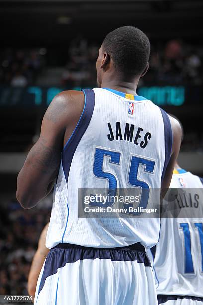 Bernard James of the Dallas Mavericks stands on the court during a game against the Utah Jazz on February 11, 2015 at the American Airlines Center in...