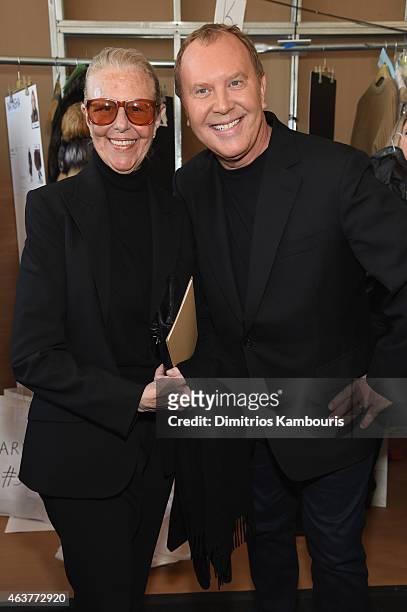 Joan Kors and designer Michael Kors pose backstage at the Michael Kors fashion show during Mercedes-Benz Fashion Week Fall 2015 at Spring Studios on...