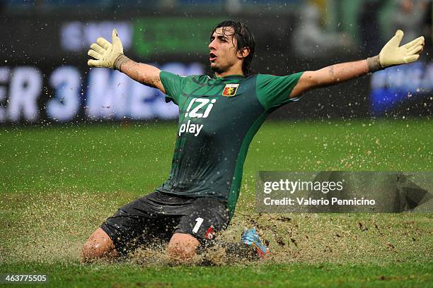 Mattia Perin of Genoa CFC celebrates after his team-mate Luca Antonelli scored the opening goal during the Serie A match between Genoa CFC and FC...