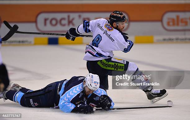 Marius Moechel of Hamburg challenges for the puck with Sebastian Osterloh of Straubing during the DEL ice hockey match between Hamburg Freezers and...