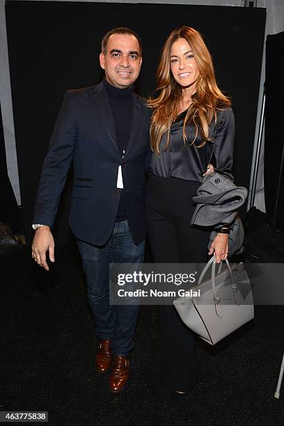 Designer Bibhu Mohapatra and Kelly Bensimon prepare backstage at the Bibhu Mohapatra fashion show during Mercedes-Benz Fashion Week Fall 2015 at The...