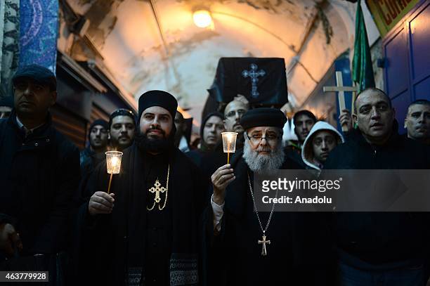 Copts living in Jerusalem march to Old City of Jerusalem as they protest against beheading of 21 Egyptian Coptic Christians by ISIL, in Jerusalem,...