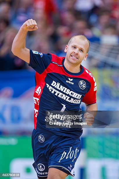 Anders Eggert of Flensburg celebrates during the Handball Bundesliga match between SG Flensburg-Handewitt and SC Magdeburg on February 18, 2015 in...