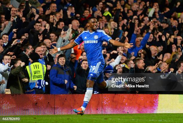 Samuel Eto'o of Chelsea celebrates after scoring his team's third goal and completing his hat trick during the Barclays Premier League match between...