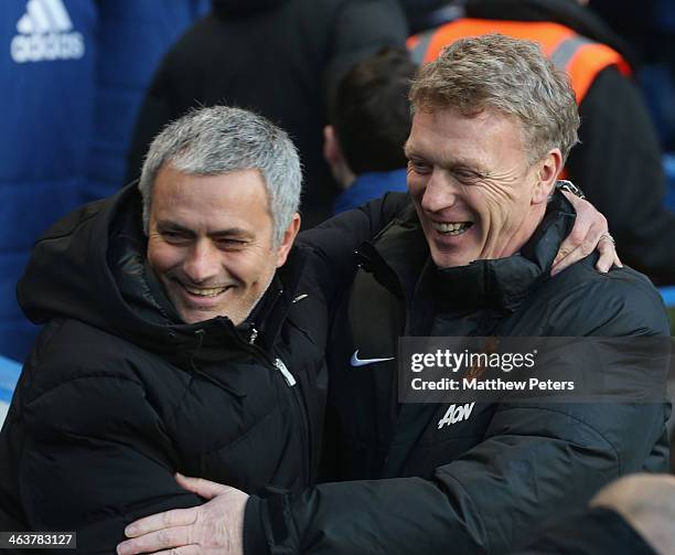 Managers David Moyes of Manchester United and Jose Mourinho of Chelsea greet ahead of the Barclays Premier League match between Chelsea and...