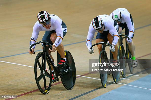 Joachim Eilers, Rene Enders and Robert Forstemann of Germany compete in the Men's Team Sprint qualifying round during day one of the UCI Track...