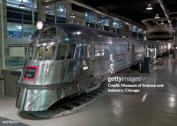 An image of the 1934 Pioneer Zephyr 'Silver Streak' streamlined diesel powered train which is part of a collection of transportation artifacts at the...