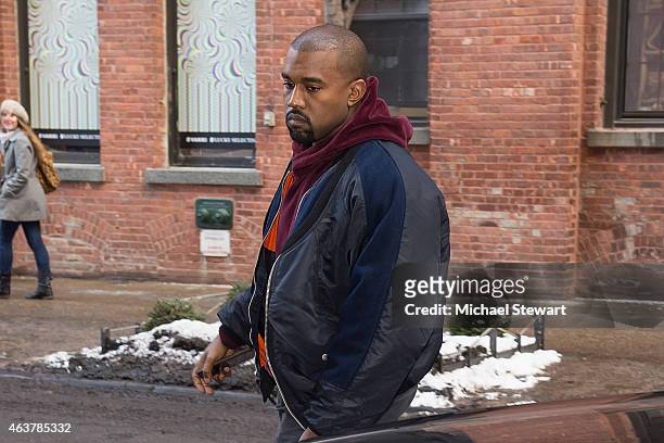 Rapper Kanye West seen arriving for the Jeremy Scott fashion show during MADE Fashion Week at MILK Studios on February 18, 2015 in New York City.