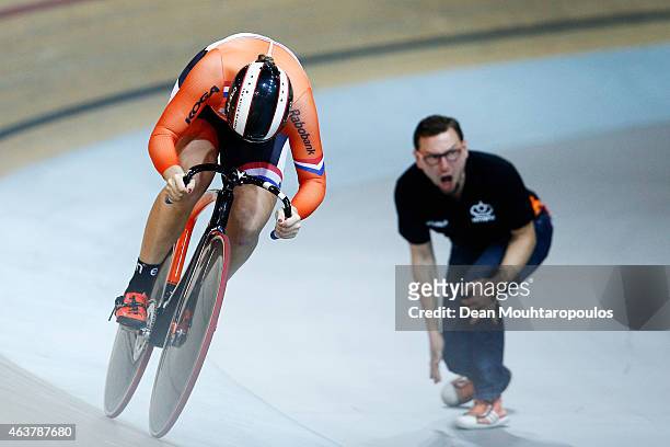 Shanne Braspennincx of the Netherlands Cycling Team competes in the Women's Team Sprint qualifying round as her coach yells during day 1 of the UCI...