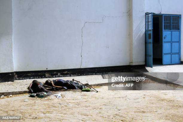Picture taken on January 19, 2014 shows bodies of disabled people allegedly killed by rebels in Bor, the state capital of South Sudan's power-key...