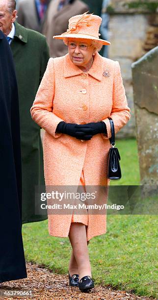 Queen Elizabeth II attends Sunday service at St Peter's church Wolferton, near Sandringham House on January 19, 2014 in Norwich, England.