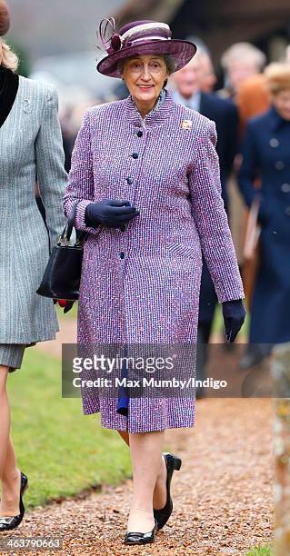 Lady Susan Hussey accompanies Queen Elizabeth II to Sunday service at St Peter's church Wolferton, near Sandringham House on January 19, 2014 in...