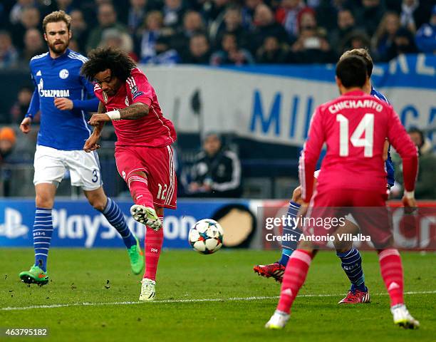 Marcelo of Real Madrid scores his team's second goal during the UEFA Champions League Round of 16 first leg match between FC Schalke 04 and Real...