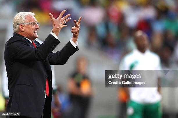 South African coach Gordon Igesund reacts during the 2014 African Nations Championship match between South Africa and Nigeria at Cape Town Stadium on...