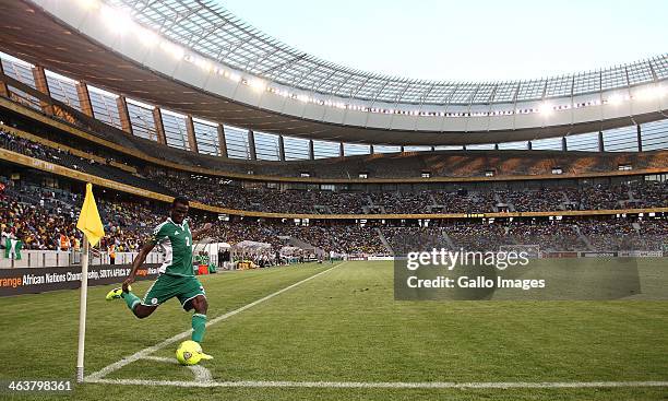 Kwambe Solomon of Nigeria takes a corner kick during the 2014 African Nations Championship match between South Africa and Nigeria at Cape Town...