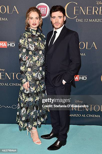 Lily James and Richard Madden attend "Cinderella" Screening held at Cinema Odeon on February 18, 2015 in Milan, Italy.