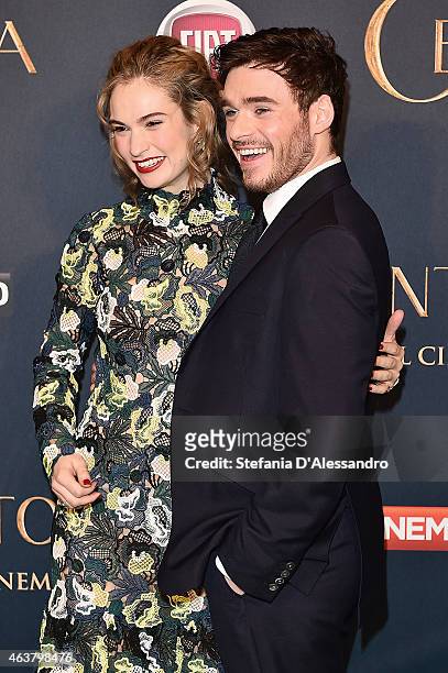 Lily James and Richard Madden attend "Cinderella" Screening held at Cinema Odeon on February 18, 2015 in Milan, Italy.