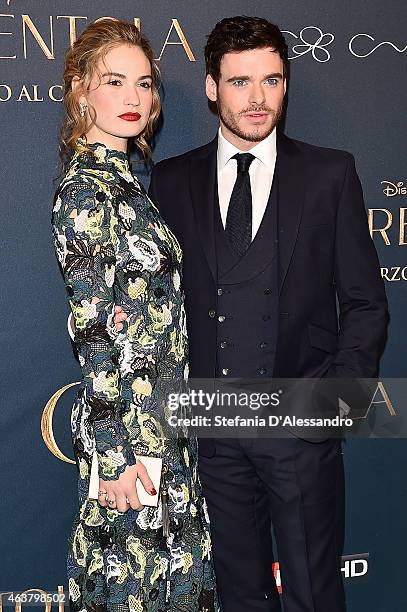 Lily James and Richard Madden attend "Cinderella" Screening held at Cinema Odeon on February 18, 2015 in Milan, Italy.