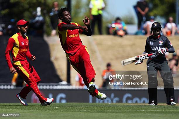 Solomon Mire of Zimbabwe throws at the stumps during the 2015 ICC Cricket World Cup match between Zimbabwe and the United Arab Emirates at Saxton...