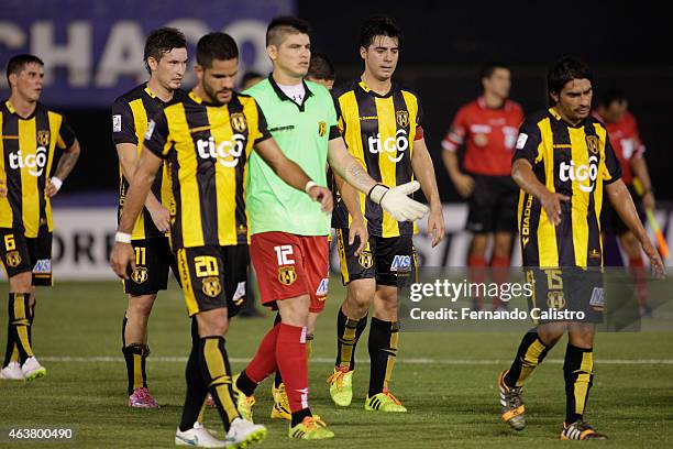 Players of Guarani look dejected after losing a match between Guarani and Sporting Cristal as part of Copa Bridgestone Libertadores 2015 at Rogelio...