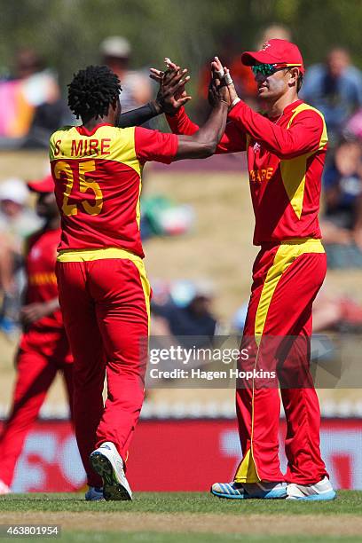 Solomon Mire and Craig Ervine of Zimbabwe celebrate the wicket of Krishna Karate of the United Arab Emirates during the 2015 ICC Cricket World Cup...