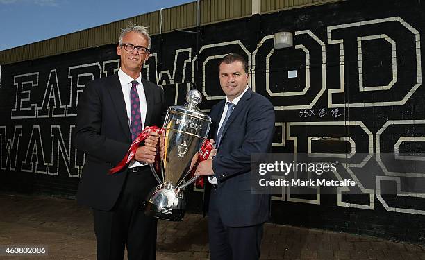 David Gallop and Socceroos coach Ange Postecoglou pose with the FFA Cup trophy during the official launch of the 2015 FFA Cup at Earlwood Wanderers...