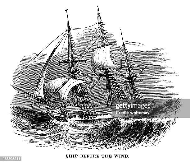 sailing ship running before the wind - sailing rough sea stock illustrations