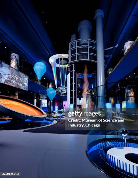 Overview of the Science Storms exhibit at the Museum Of Science and Industry, Chicago, Illinois, showing the avalanche, tornado, hot air balloon,...