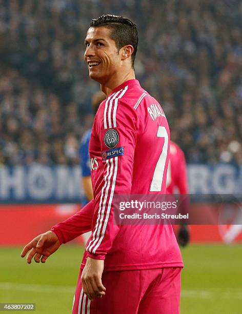 Cristiano Ronaldo of Madrid reacts during the UEFA Champions League Round of 16 match between FC Schalke 04 and Real Madrid at the Veltins-Arena on...