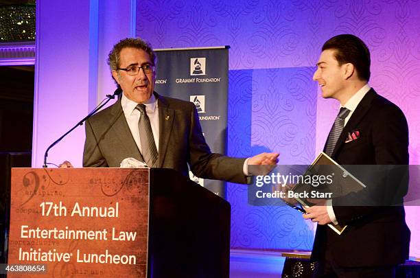 Executive committee program chair Ken Abdo and ELI Writing Competition winner Joseph Pomianoswki at the 17th Annual Entertainment Law Initiative...