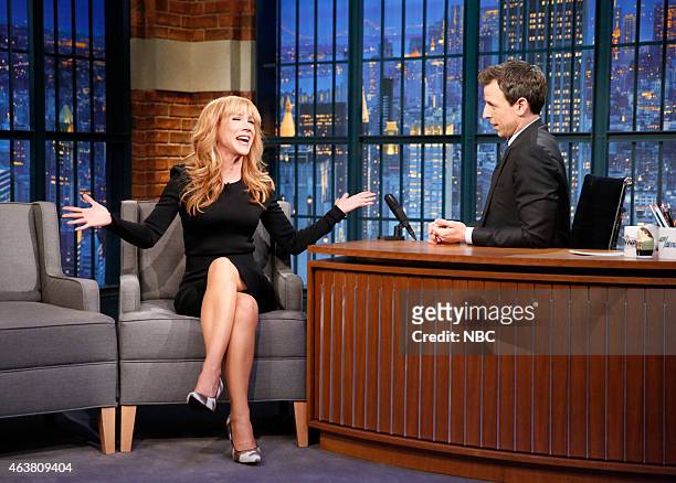 Episode 166 -- Pictured: Comedian Kathy Griffin during an interview with host Seth Meyers on February 18, 2015 --