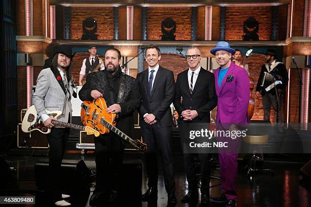 Episode 166 -- Pictured: Musical guests Eddie Perez, Raul Malo, Paul Deakin, Jerry Dale McFadden of The Mavericks with host Seth Meyers on February...