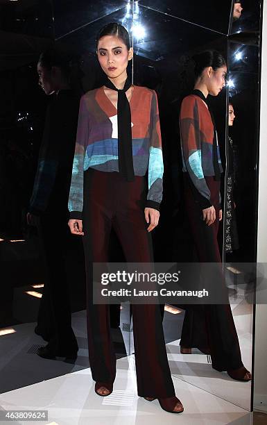 Model poses at the Clover Canyon presentation during Mercedes-Benz Fashion Week Fall 2015 on February 18, 2015 in New York City.