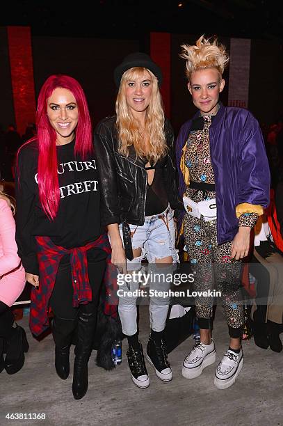 Helena , Olivia Nervo and Miriam Nervo of DJ Nervo attend the IIJIN fashion show during Mercedes-Benz Fashion Week Fall 2015 at The Pavilion at...