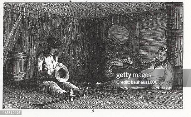 engraving: sailor in confinement - prison stock illustrations