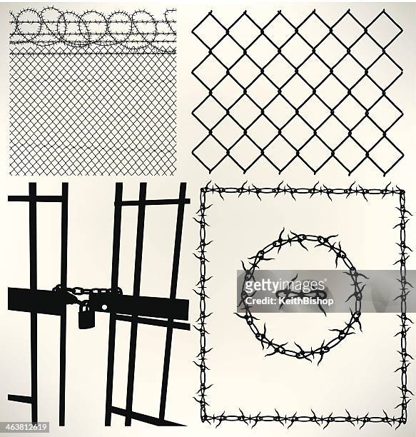 gefängniszelle, nachbarn und stacheldraht - wire mesh fence stock-grafiken, -clipart, -cartoons und -symbole