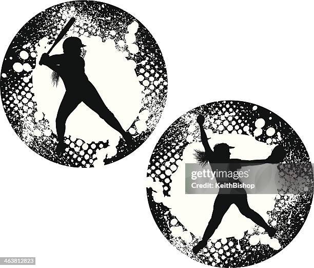girls softball pitcher & batter grunge graphic - all-star - softball pitcher stock illustrations