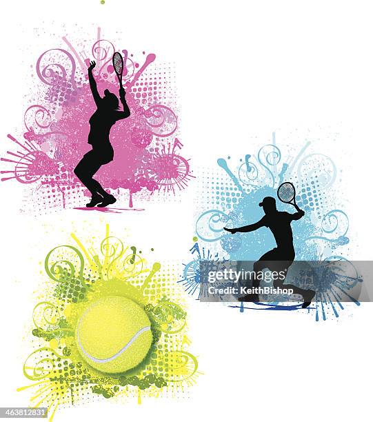 ilustraciones, imágenes clip art, dibujos animados e iconos de stock de de tenis de salpicaduras de color de gráficos-macho y hembra - volear