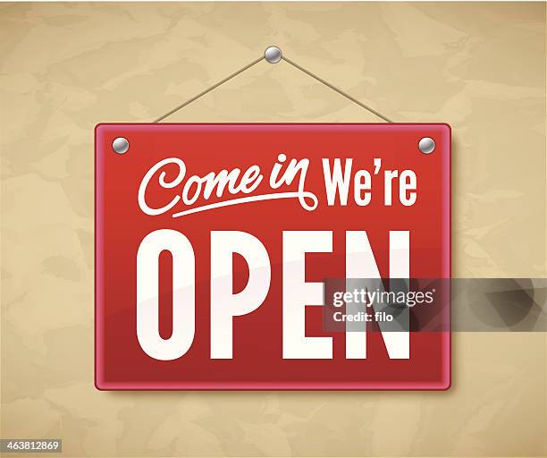 come in we're open - store sign stock illustrations