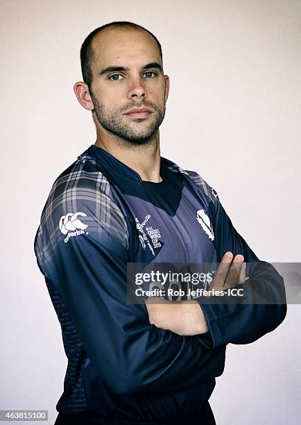 Kyle Coetzer poses during the Scotland 2015 ICC Cricket World Cup Headshots Session at the Southern Cross Hotel on February 16, 2015 in Dunedin, New...