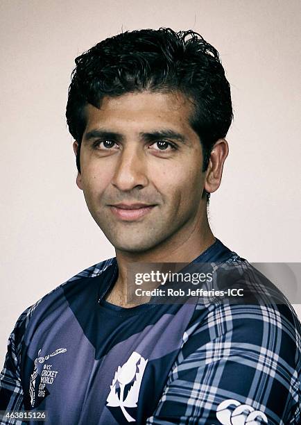 Majid Haq poses during the Scotland 2015 ICC Cricket World Cup Headshots Session at the Southern Cross Hotel on February 16, 2015 in Dunedin, New...