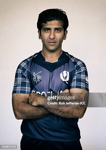 Majid Haq poses during the Scotland 2015 ICC Cricket World Cup Headshots Session at the Southern Cross Hotel on February 16, 2015 in Dunedin, New...